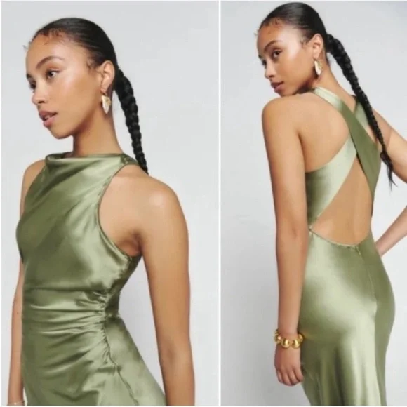 Reformation Casette Silk Dress in Artichoke 6 - Picture 5 of 13